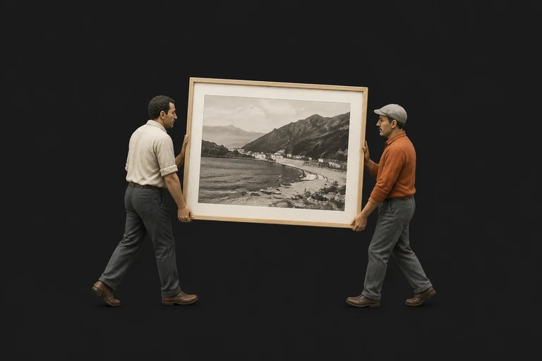 Dos hombres en miniatura llevan juntos una fotografía enmarcada
